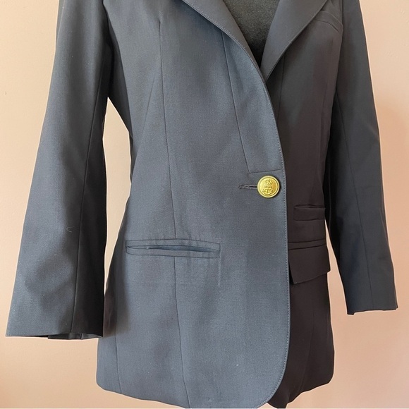 Smythe- Blue Navy White Collar Wool Blazer Jacket One Button Size 4 Work - Picture 6 of 10